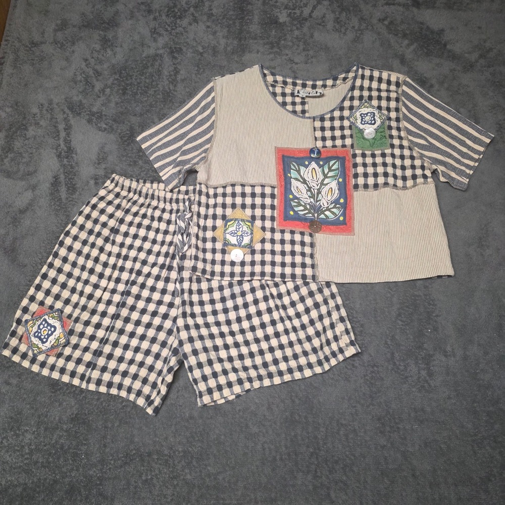 Vintage Short Set Womens size XS/S Navy Cream gingham patchwork cottagecore